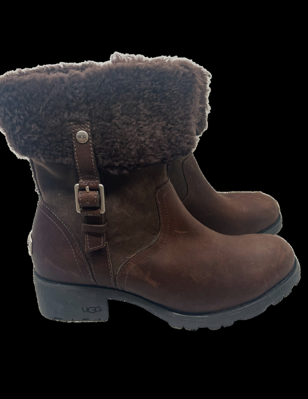 UGG Bellevue 1914 Brown Leather Boots Women US 8 Shearling Foldover